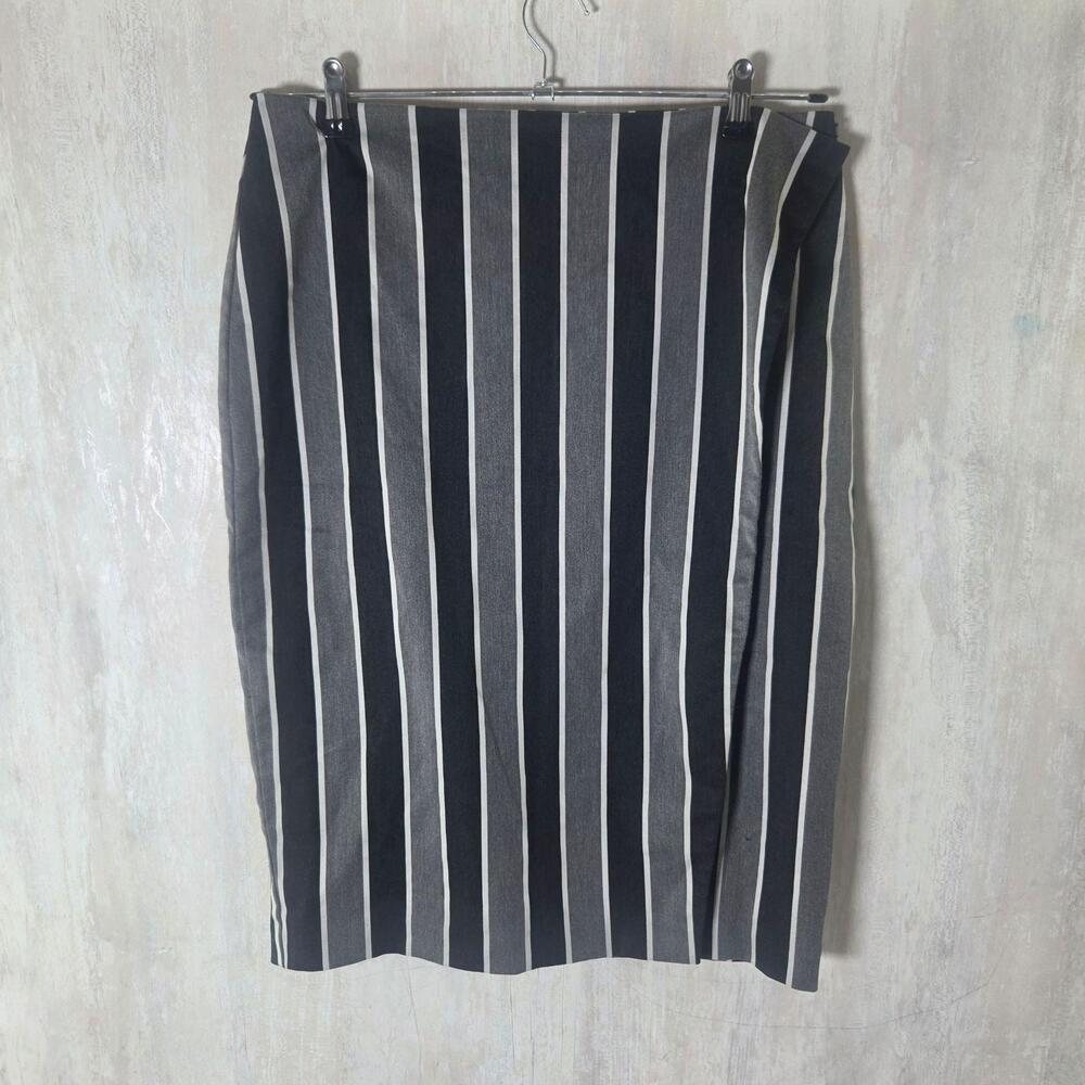 New York & Company Skirt Womens 12 Black Stripe Wrap Midi Suiting Workwear